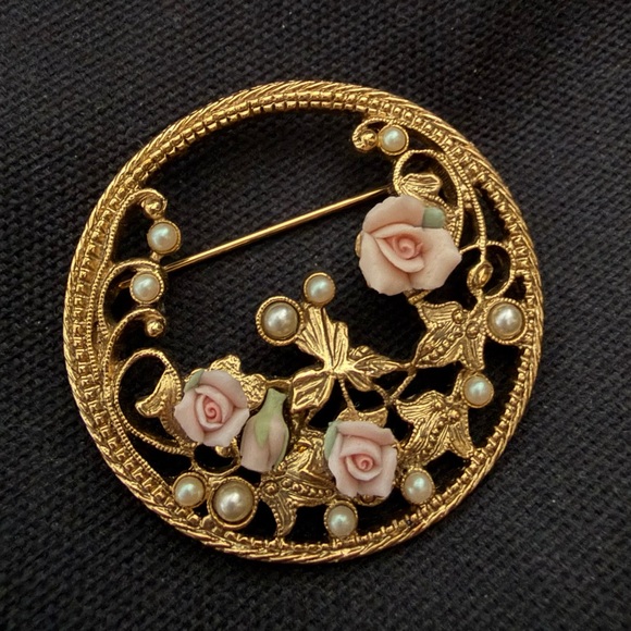 Gold Floral Porcelain Rose Brooch with Pearl Accents - Women Jewelry - Picture 4 of 7